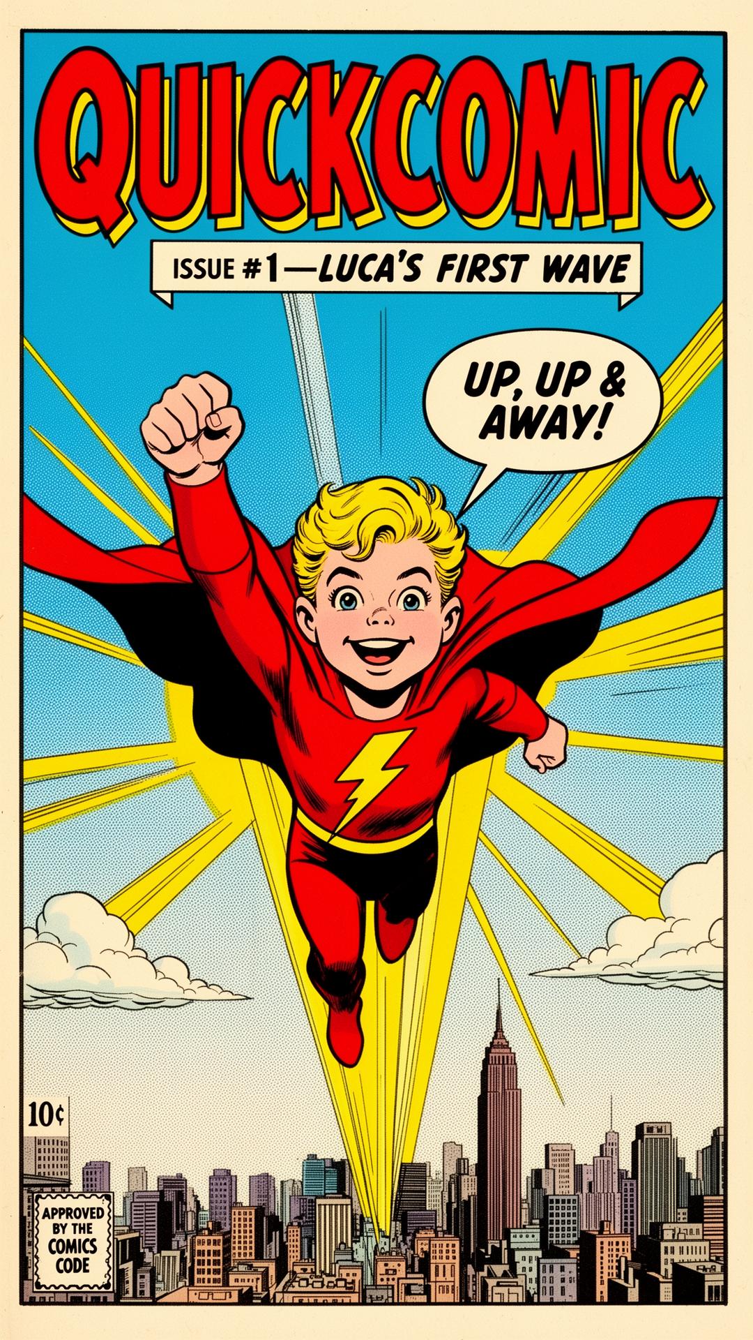 QuickComic Issue #1 cover: Luca, a young blonde superhero in a red cape, flying over the city with the title 'QUICKCOMIC' in big red letters